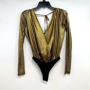 BCBGGeneration Gold Metallic Suplice V Neck Bodysuit Womens Size Medium